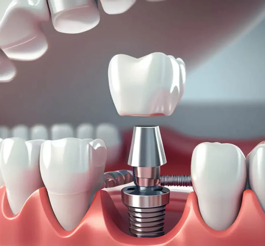 dental implant parts in the mouth, screw, abutment and crown